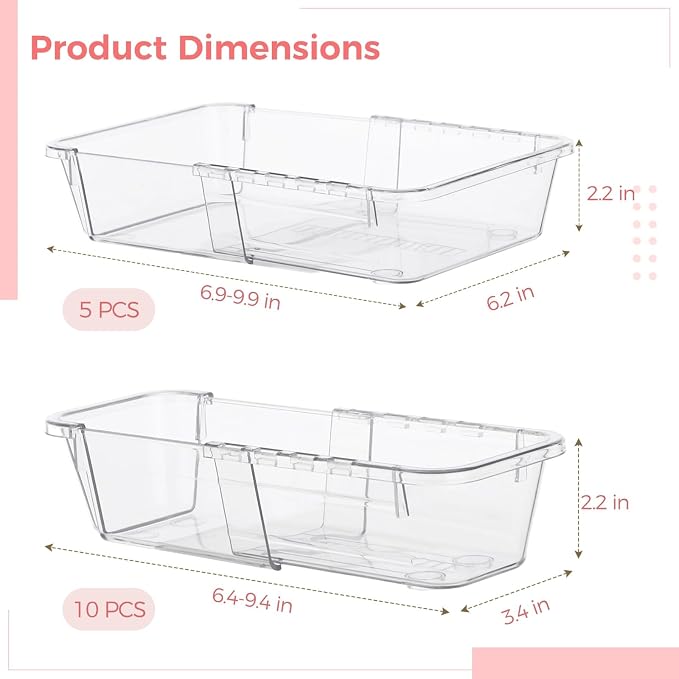 15 Pcs Extendable Clear Bathroom Drawer Organizer Trays 2-Size Adjustable Vanity Storage Box for Makeup Cosmetic Bedroom and Gadgets