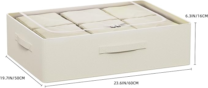 CYhom 3Pcs Under Bed Storage Bins with Metal Frame - Shoe Organizer for Closet with Clear Cover Oxford Fabric Sturdy Underbed Container Foldable Stackable Clothes Organizer (Beige, 23.5x19.7x6.3)