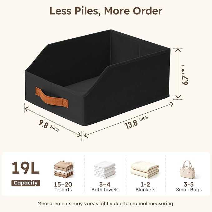 Fabric Storage Bins for Organizing - 10 Pack Large Trapezoid Collapsible Storage Bins with Front Handle, Closet Organizers and Storage for Bedroom, Home Shelves, Small Spaces, Black