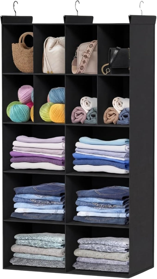 5 Tier Hanging Closet Organizer, 14 Compartments Dual Row Storage, Black | Closet Organizers and Storage with Large & Small Pockets, 3 Sturdy Hooks Support Heavy Loads, Ideal for Dorm, Garment Rack