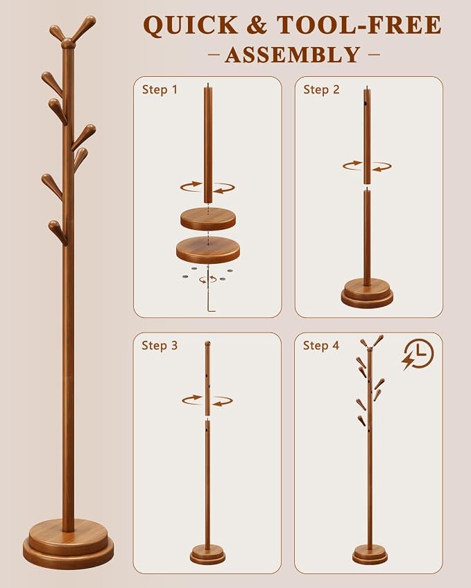 STARSAGA Solid Wood Coat Rack Freestanding Coat Tree with 8 Hooks | Adjustable Height Heavy Duty Coat Rack with Rounded Hooks & Dual-Layer Base, Holds Coats Hats Bags for Entryway, Bedroom