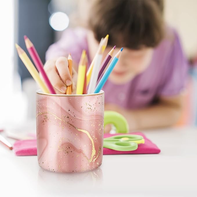 Large Capacity Colored Pen Holder for Desk, Ceramic Pencil Holder Pen Cup Marker Holder Makeup Brush Holders, Desk Accessories & Workspace Organizers for Home, Office, Red Marble
