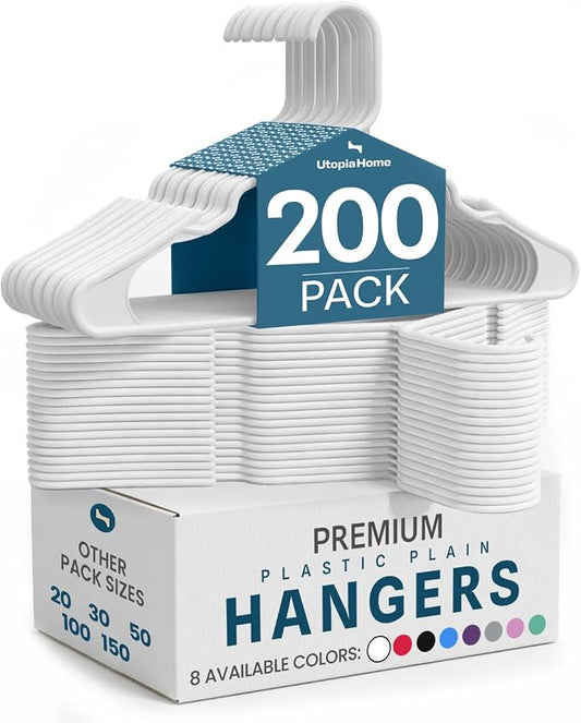 Utopia Home Plastic Hangers 200 Pack – Space Saving Clothes Hanger White | Durable & strong | Closet organizer & storage | Ideal for apartments, dorms & stocking stuffers