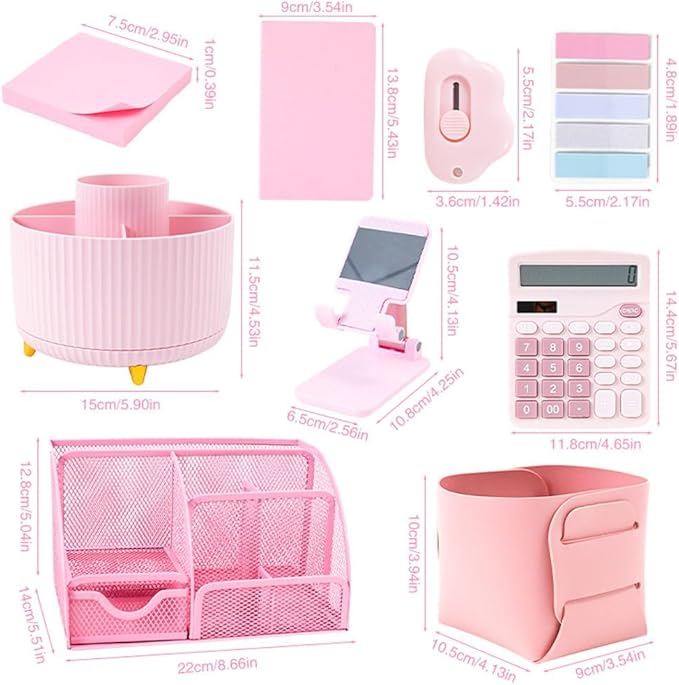Gawsey Desk Organizers and Accessories with Desk Organizer 360° Rotating Pen Holder and Office Supplies, Cute Stationery Supplies Set (Pink)