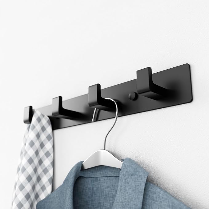 Black Coat Rack Wall Mount - 12.5" Rail with 4 Right-Angle Hooks(2 Pack) | Drill-Mounted Organizer for Coats, Hats, Bags in Entryway, Bathroom, Bedroom