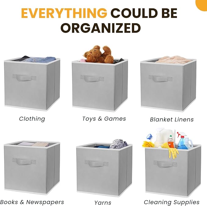 Criusia Large Storage Cubes, 13 Inch Cube Storage Bins for Shelves Closet Nursery Bedroom - 10 Pack Collapsible Storage Baskets with Handles - Fabric Bins for Organizing Magazines Clothes Toys (Grey)