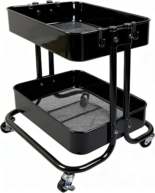 2 Tier Cart with Wheels Heavy Duty Metal Rolling Storage Cart for Under Desk Storage, Short Small Utility Shelf for Pantry Kitchen Bathroom Laundry, Home Organizer with Large Basket, Black