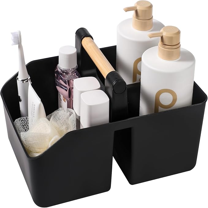 rejomiik Plastic Shower Caddy, Portable Basket with Bamboo Handle, Black | Cleaning Caddy Organizer Tote for Bathroom, College Dorm Essentials, Bath Toy Storage, Cleaning Supplies