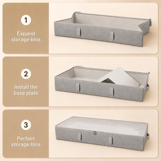 Vailando Storage Containers, 6 Inches Tall 60L Underbed Storage Bins with Sturdy Handles and Sidewalls, Closet Organizer for Clothes, Blankets, Seasonal Items, Gray, 2-Pack
