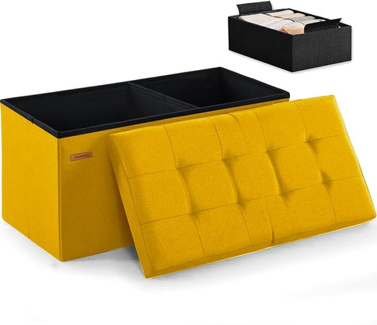 HAUSFRAU Ottoman with Storage Bench Folding Foot Rest Stool Linen Yellow | 31.5", Flip Lid, Small Upholstered Foldable Footrest Footstool, Bedroom Bench, Living Room Dorm Ottoman, Rectangle