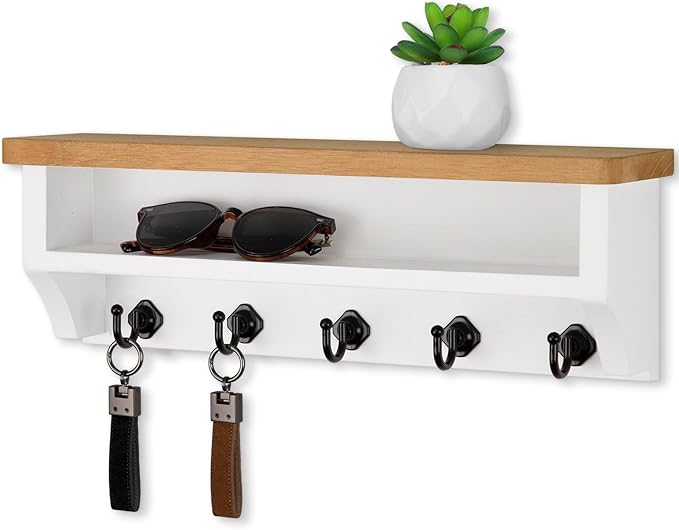 Nekon Key Holder Wall Mount, Wall Organizer Shelf with 5 Key Hooks, Room Decor for Home and Apartment Essentials, Wood and White