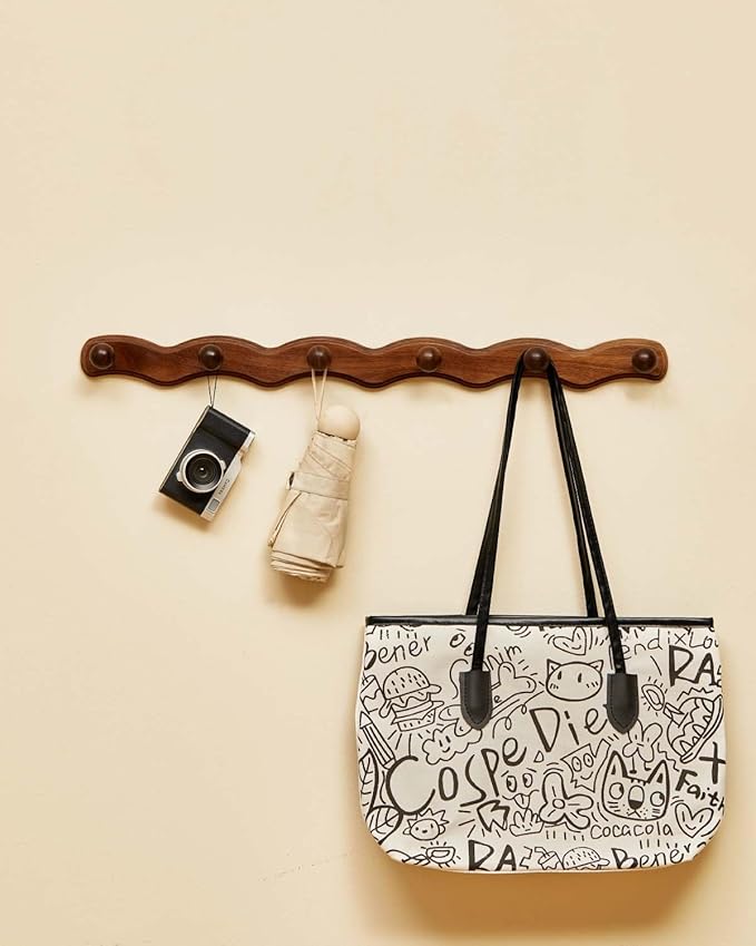 Wood Coat Rack Wall Mount - Walnut Coats Hook Hanger Wall-Mounted, Wave-Shaped Entryway Hanging Racks with 6 Hooks for Jacket Keys Hats Robes Towels Bags, Living Room Mudroom Bathroom Bedroom Hallway