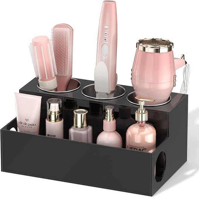 NIUBEE Acrylic Hair Tool Organizer,Hair Dryer Holder Countertop with 3 Cups | Black, Hot Tools Organizer, Hair Blow Dryer Organizer for Curling Iron, Brush, Straightener, Makeup,Skincare,Vanity, Bathroom
