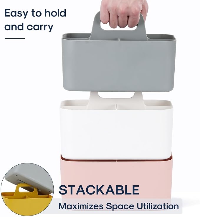 Multiuse Caddy Organizer with Handle, Portable Divided Plastic Tote Bin - Art Craft, Stationary Pen Marker Crayons, Makeup Hair Supplies Storage - Bathroom, Classroom, Dorm, Office, Desk Holder - Grey