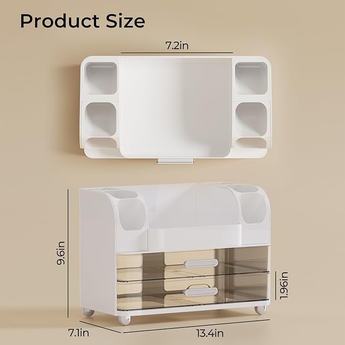 UFORU Makeup Organizer Countertop with 2 Large Drawers for Vanity Bathroom | Brush Holder, Large Capacity, Thickened Plastic, Compact Footprint, Space-Saving Design, Easy Clean, Ideal for Dorm Rooms