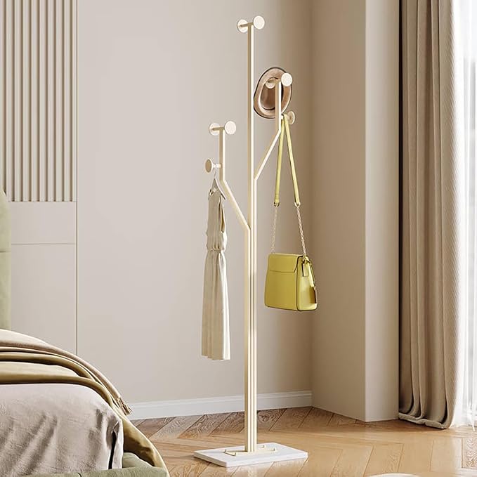 JIAYUEJU Freestanding Coat Rack Coat tree for Entryway Bedroom (White) | Tree-shaped, Easy Assembly, Space Saver, Heavy Duty, Metal Frame, Marble Base, 8 Hooks, Living Room, Office, Corner