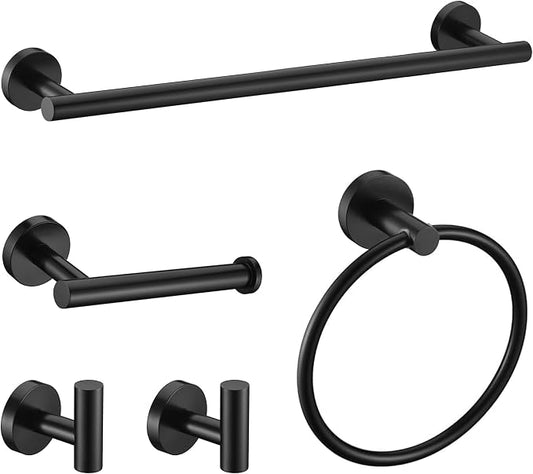 5 Pieces Matte Black Bathroom Hardware Accessories Set, SUS304 Stainless Steel 24 Inch Bath Towel Bar Set, Round Bathroom Towel Holder Set, Towel Racks for Bathroom Wall Mounted