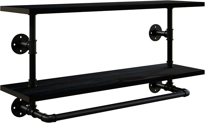 Clothes Rack 36in, 2-Tier Wall Mounted Garment Rack with Real Wood Shelf, Heavy Duty Hanging Clothes Rack, Multi-Purpose Hanging Rod, Space-Saving Closet Storage
