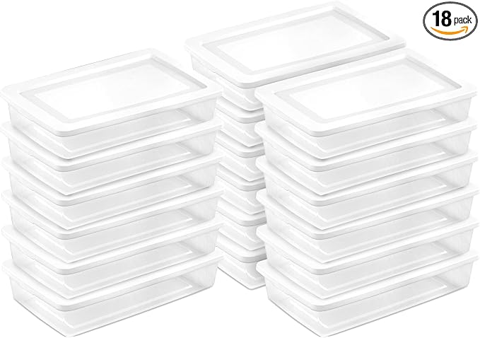 Sterilite 18 Pack Storage Box, 41 Quart Stackable Tote, Clear Plastic Container with Secure Snapping Lids for Home and Office Organization, White