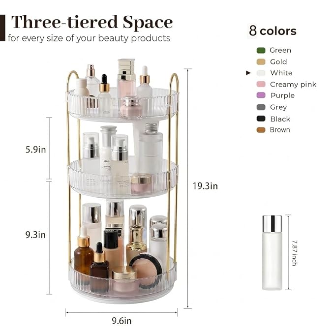 Aveniee 3-Tier 360° Rotating Makeup Organizer, Clear Spinning Perfume Cosmetic Storage for Vanity Countertop, Sturdy Metal Pole Skincare Holder Stand for Bathroom Dresser, White