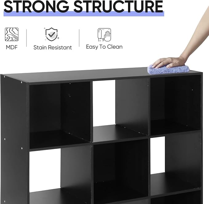 9-Cube Storage Organizer,Wooden Bookshelf Cube Storage,Freestanding Bookcase w/5 Removable Back Panels,Display Shelf Bedroom, Living Room, Home,Office,Study,Black