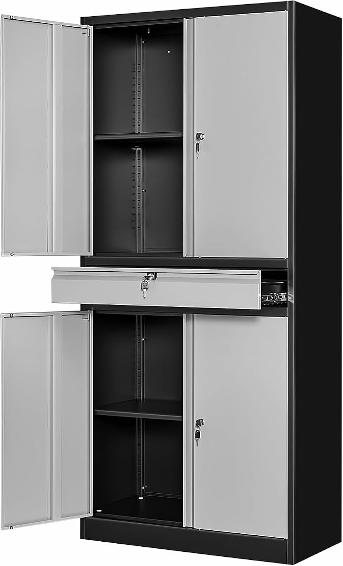 Metal Storage Cabinet with Lock, 71" Tall Garage Storage Cabinets with Doors and Shelves, Lockable Tool Cabinet for Home Office, Garage, Pantry
