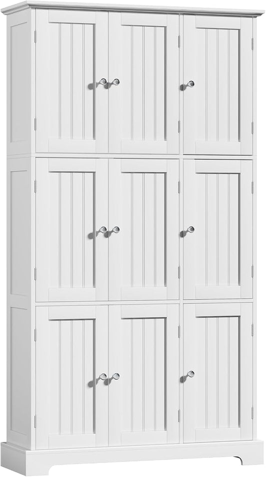 ChooChoo 63.2" Tall Bathroom Storage Cabinet with 9 Doors | Narrow Floor Cabinet, Adjustable Shelves, Slim Pantry Cabinet for Bathroom, Kitchen, Laundry Room, White