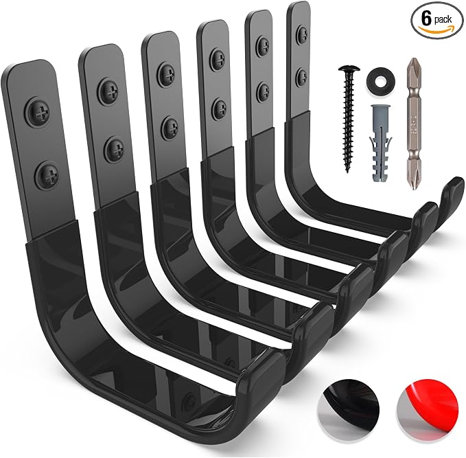 Garage Hooks 4 Inch, 6 Pack Heavy Duty Wall Hooks for Hanging | Ladder Hangers for Garage Wall Mount, Steel J Utility Garden Hose Holder Tool Organizers and Storage | 55lbs