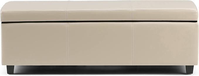 SIMPLIHOME Avalon Storage Ottoman Bench - 48" Wide x 16" High Upholstered Vegan Leather Rectangular Lift-Top Ottoman in Satin Cream, Contemporary Storage Bench for Living Room with High-Density Foam