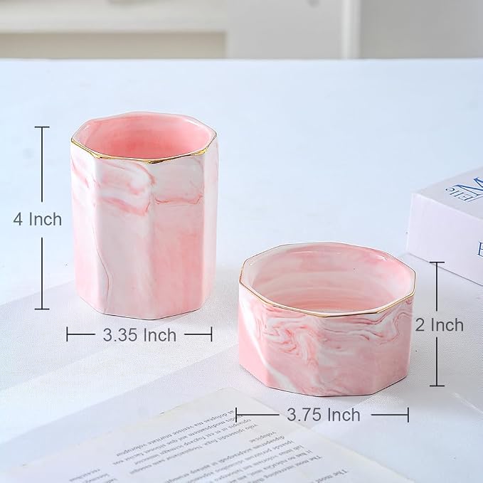 Desk Organizer Set of 2 For Office, Pen Holder and Paper Clip Holder, Ceramic Cute Pencil Cup for Desk, Paper Clip Dispenser for Desktop, Makeup Brush Holder Ideal Gifts for Women, Mom (Pink)