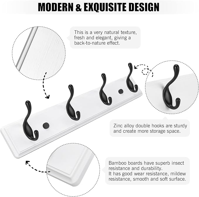 Badiano Wooden Coat Rack, Wall-Mounted Organizer for Closet, Entryway, Hallway, Foyer, Bedroom, Heavy Duty Double Hooks for Hanging Towels, Bags, Hats, Jackets, Key (WhiteBlack, 4 Hooks)