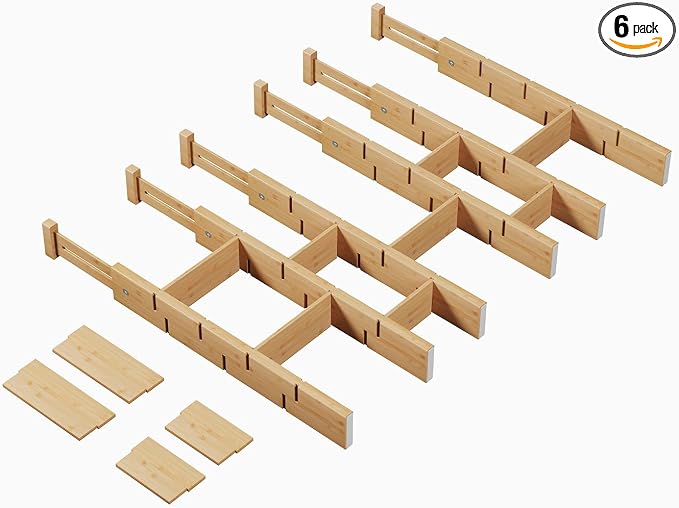 Bamboo Drawer Dividers 6 Pack with Inserts, Kitchen Adjustable Drawer Organizers for Home, Bedroom, Dresser, Expandable Organization 6 Dividers with 12 Inserts