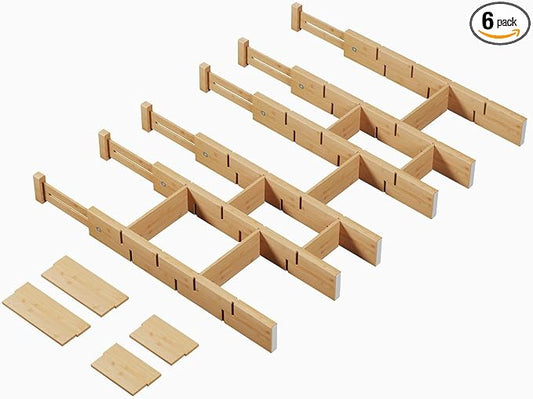 Bamboo Drawer Dividers 6 Pack with Inserts, Kitchen Adjustable Drawer Organizers for Home, Bedroom, Dresser, Expandable Organization 6 Dividers with 12 Inserts