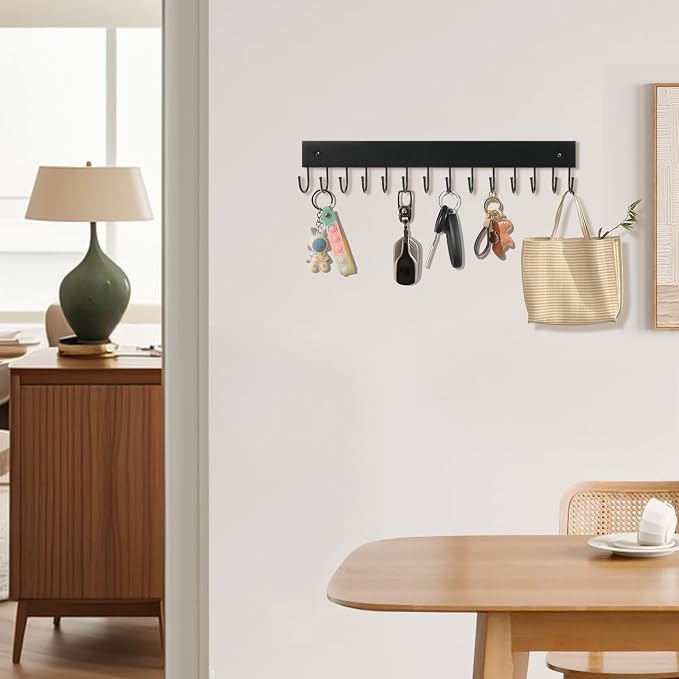 2-Pack Key Holder Wall Mount, 14.6" Key Rack with 28 Rotating Metal Hooks | Natural wood wall key hanger, 28 rotating metal hooks, for entryway, hallway & apartment decor, space-saving, Black