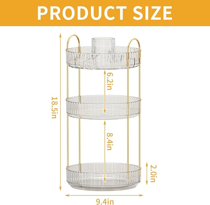 360° Rotating Makeup Organizer, Large-Capacity Skincare Make Up Storage 3 Tier Perfume Organizers Cosmetic Dresser Organizer with Makeup Brush Holder, Fits Bedroom, Bathroom, Vanity Shelf Countertop