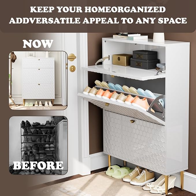 Boyel Living 3 Flip Drawers Free Standing Shoe Racks,Modern Shoes Cabinet with Brass Knobs and Legs, 24 Pair for Entryway (White