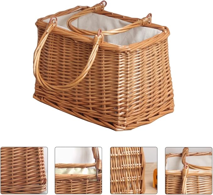 Wicker Storage Basket Handles Handwoven Rattan Organizer for Home Tabletop Use Decorative Wicker Baskets for Blankets and Toys Rustic Style