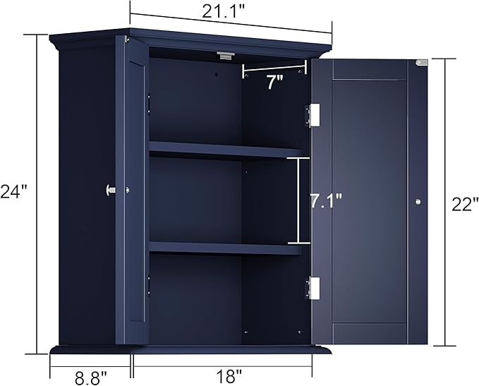 ChooChoo Bathroom Wall Cabinet with 2 Doors, Over The Toilet | 8.8"D x 21.1"W x 24"H, Medicine Cabinet, Adjustable Shelves, Cupboard, Navy Blue