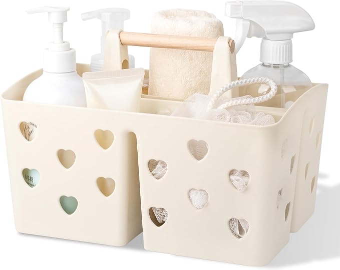 Portable Shower Caddy Plastic Shower Basket Organizer with Handle, Beige | Divided Bathroom Caddy Storage Cleanning Caddy Tote for College, Dorm Room, Kitchen