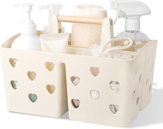 Portable Shower Caddy Plastic Shower Basket Organizer with Handle, Beige | Divided Bathroom Caddy Storage Cleanning Caddy Tote for College, Dorm Room, Kitchen