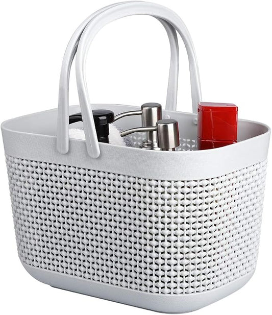 Plastic Portable Shower Caddy Basket, Storage Organizer with Handle, Grey | Bottom Drain Holes, Keep Dry, Sturdy and Durable, Easy to Carry for Bathroom, Kitchen, Dorm Room, RV, College