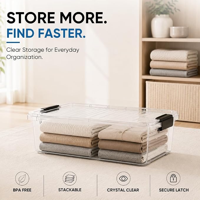 Superio Clear Storage Box with Lid, 13.7 Qt Plastic Container Bins for Organizing, Stackable Crates, BPA Free, Non Toxic, Odor Free, Organizers for Home, Office, School, and Dorm, 10 Pack
