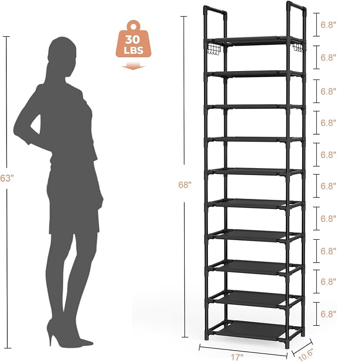 LANTEFUL 10 Tiers Shoe Rack 25 Pairs Large Capacity Tall Shoe Organizer Sturdy Shoe Storage with Two Hooks Space Saving Metal Narrow Shoe Rack for Closet, Entryway, Bedroom, Black