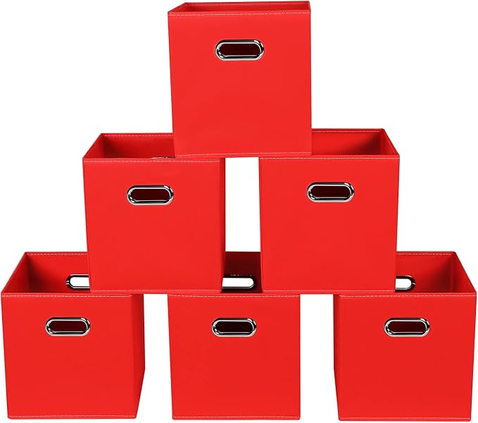 Fabric storage bins Cubes, Fabric Cube Organizer with Handle, Foldable Cube Bins for Cloth or Accessary Storage, 11x11x11, Set of 6, (Red)