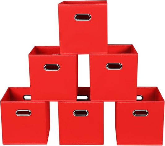 Fabric storage bins Cubes, Fabric Cube Organizer with Handle, Foldable Cube Bins for Cloth or Accessary Storage, 11x11x11, Set of 6, (Red)