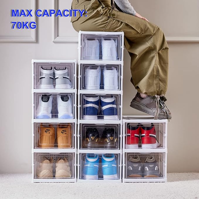 6-Tier Shoe Rack Shoe Storage Box Bins Clear Collapsible Plastic Installation-Free Stackable Foldable Tote with Lids Organizing Dustproof