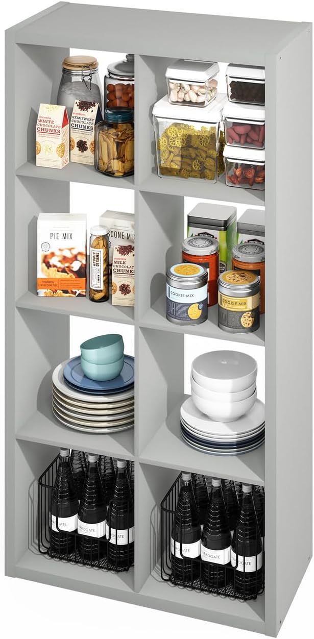 Furinno HERMITE Kitchen Island, 8-Cube Coffee Bar, Extra Thick Kitchen Storage, Bakers Rack, for Pantry Organizers and Storage, Kitchen Organization, Light Grey