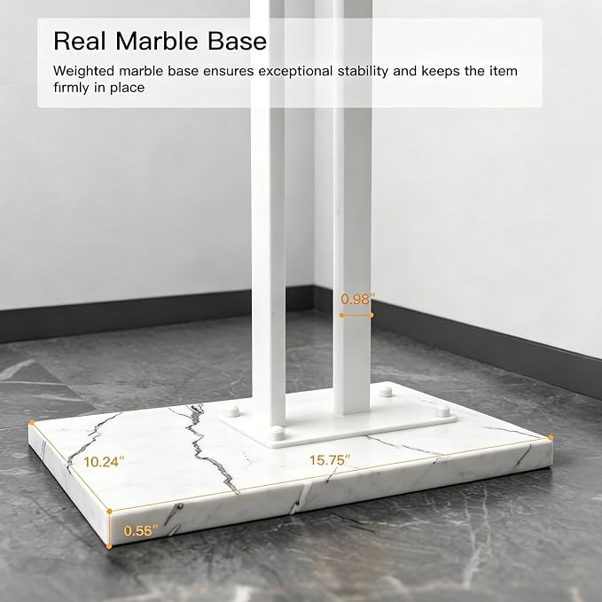 Metal Coat Rack Freestanding for Entryway (White) | Heavy Duty, Marble Base, Metal Frame, Essential Items Organizer for Clothes Bags, for Bedroom Living Room Hotel