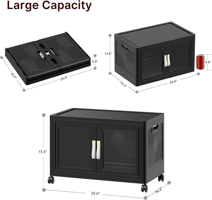 Stackable Storage Bins with Lids, 120QT Extra Large Storage Cabinet | Clear Doors, Foldable Storage Drawers, Heavy Duty, Collapsible Closet Organizers for Bedroom Office (1, Black, 120, Quarts)