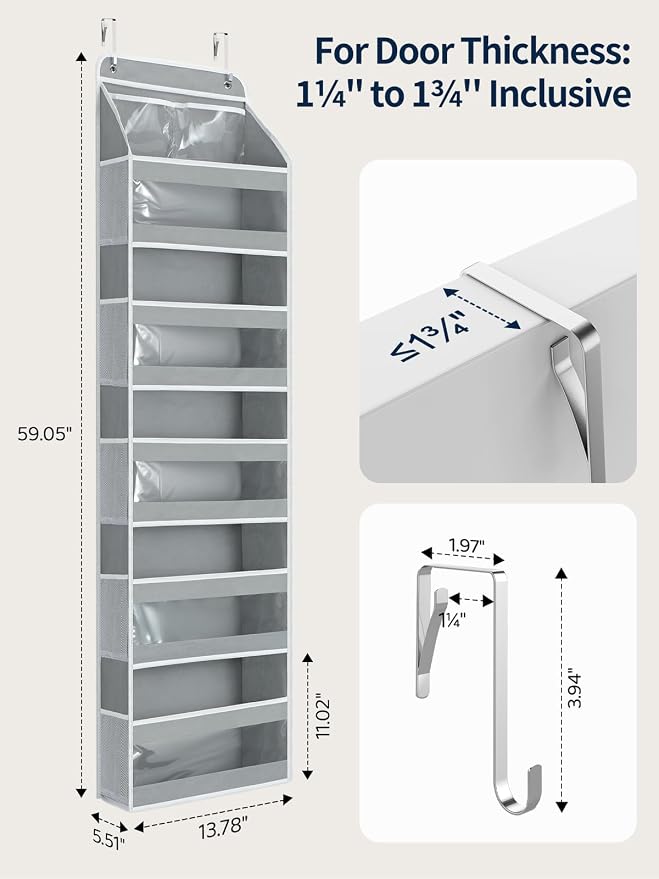 Yecaye 6 Tier Over the Door Organizer, Swing-proof Door Organizer Hanging with Clear PVC Windows, Behind the Door Storage for Bedroom Nursery Closet Laundry Pantry Bathroom, Warm Grey